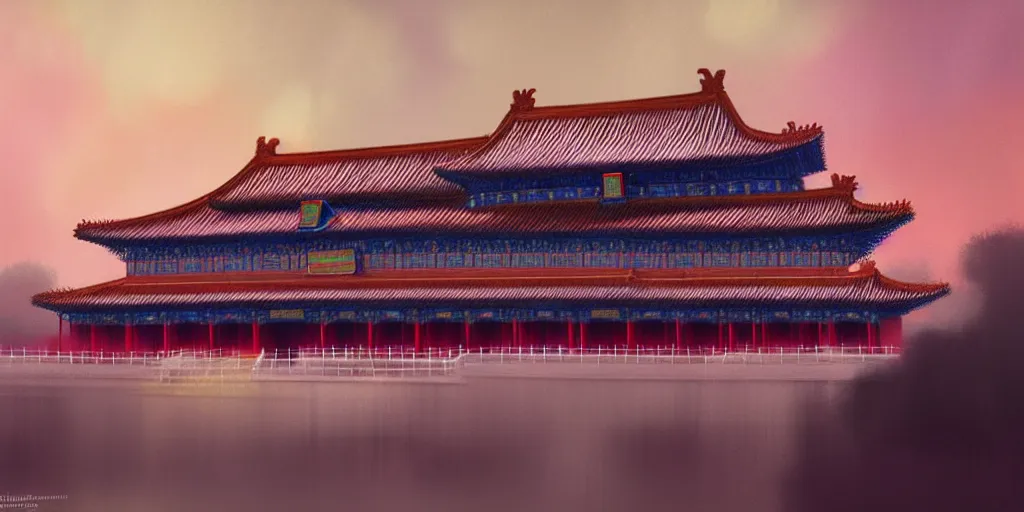 Image similar to Forbidden City by Neon Light, in the style of Cyberpunk Impressionism, Krenz Cushart, Moebius, and Muchain, Prismatic, Rococo, Pearlescent, reflective, shimmering, highly detailed, masterpiece, dreamy, concept art, Cinema lighting, 8k, trending on artstation