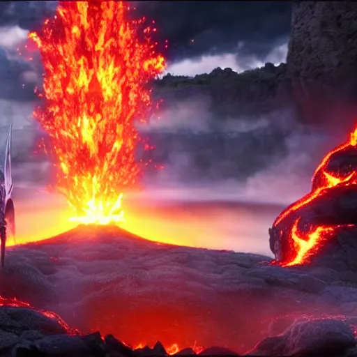 Image similar to epic battle between two wizards, lava in the background, cinematic, establishing shot