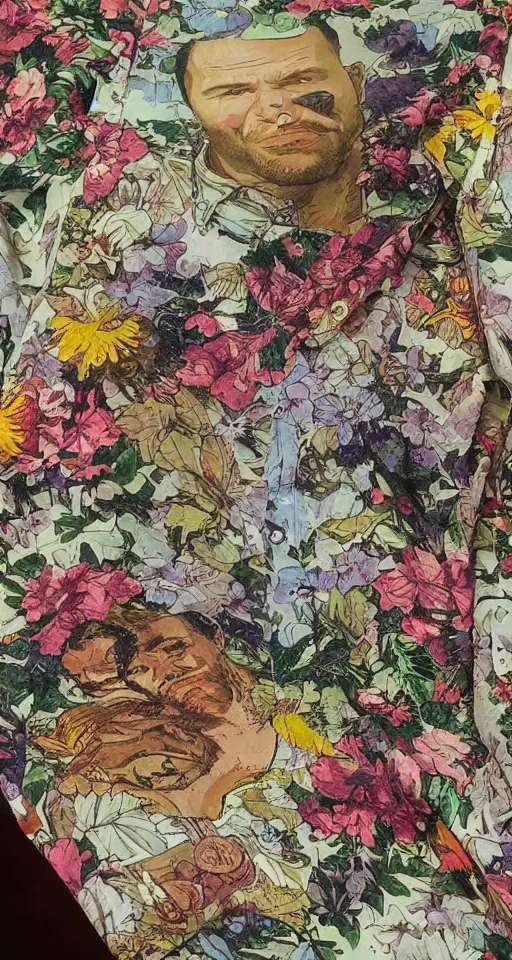 Prompt: close up of max payne floral shirt in a bar, sun shining, photo realistic illustration by greg rutkowski, thomas kindkade, alphonse mucha, loish, norman rockwell.