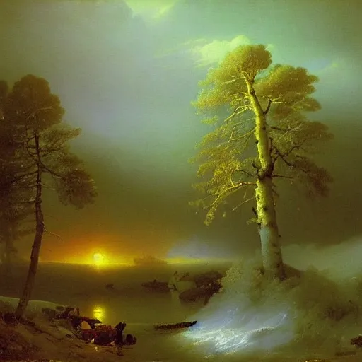 Image similar to aivazovsky's painting. forest landscape. oil on canvas, a masterpiece in the style of aivazovsky.