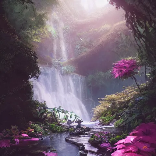 Prompt: an hidden waterfall, beautiful, atmosphere, vibe, mist, foam, puddles, fern, flowers, concept art illustration, color page, tone mapping, akihiko yoshida, james jean, andrei riabovitchev, marc simonetti, digital illustration, greg rutowski, volumetric lighting, sunbeams, particles