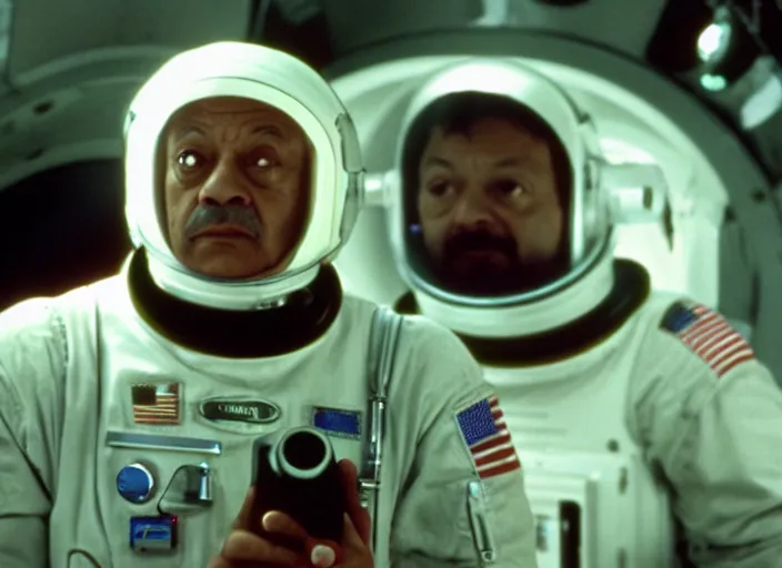 Image similar to film still of Cheech Marin as Dr. Dave Bowman in 2001 A Space Odyssey