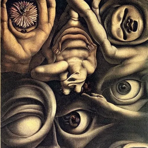 Image similar to the eyeless see all, by Caravaggio, by Michelangelo, by M.C. Escher, very detailed and colorful, beautiful, eerie, surreal, psychedelic