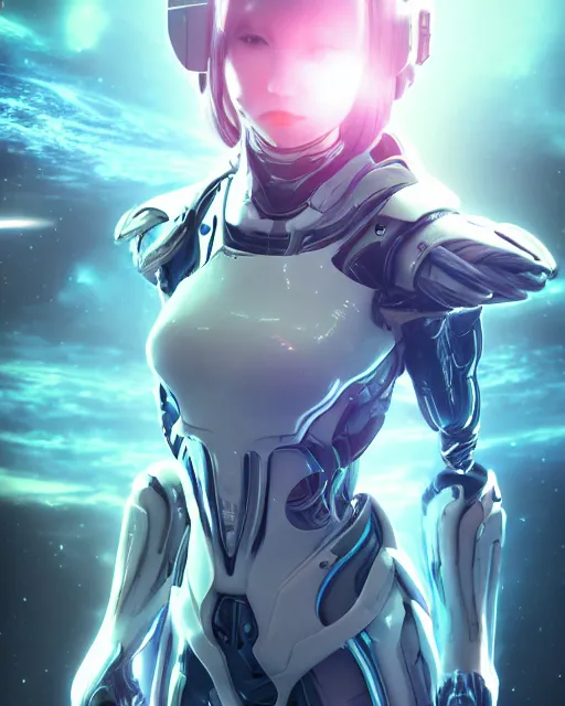 Image similar to perfect android girl on a mothership, warframe armor, beautiful face, scifi, futuristic, galaxy, nebula, raytracing, dreamy, long white hair, blue cyborg eyes, sharp focus, cinematic lighting, highly detailed, artstation, divine, by gauthier leblanc, kazuya takahashi, huifeng huang