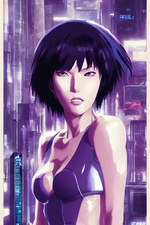 Image similar to a still fullbody portrait of motoko kusanagi ghost in the shell, finely detailed features, closeup at the faces, perfect art, at a cyberpunk city, gapmoe yandere grimdark, trending on pixiv fanbox, by ilya kuvshinov, rossdraws, artgerm