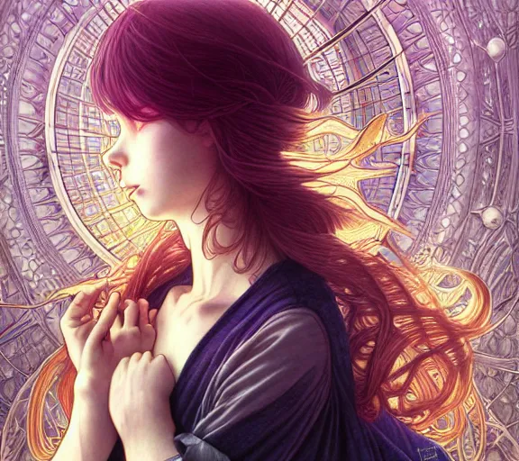 Prompt: ' lost in a lucid dream, my soul drifted away ', beautiful shadowing, 3 d shadowing, reflective surfaces, illustrated completely, 8 k beautifully detailed pencil illustration, extremely hyper - detailed pencil illustration, intricate, epic composition, masterpiece, bold complimentary colors. stunning masterfully illustrated by artgerm, range murata, alphonse mucha.