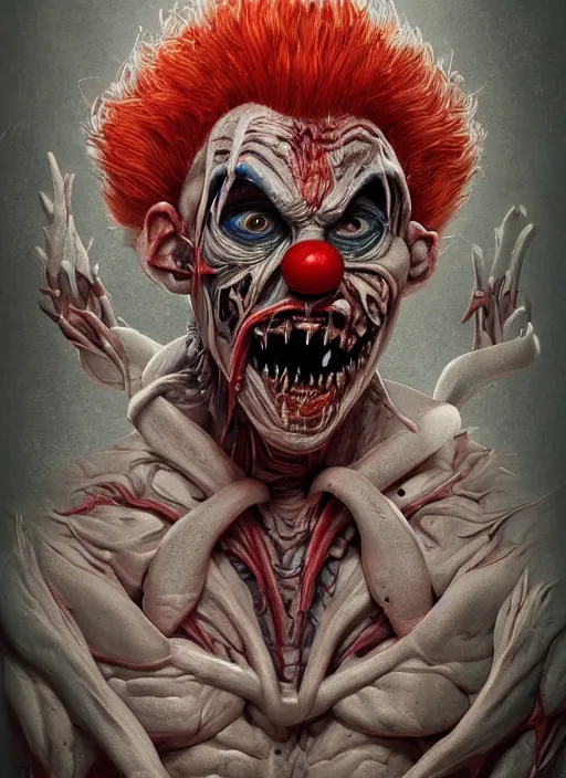 Prompt: evil horror clown, monster anatomy, ross tran, vivid colors, anatomical, highly detailed sculpture, intricate detailed, ommatidia, 8 k, cinematic atmosphere, post - processing