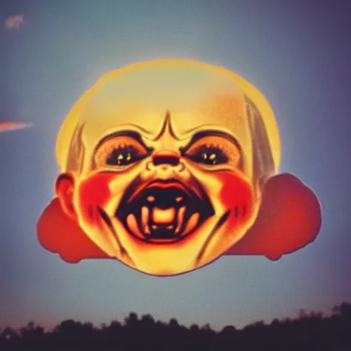 Image similar to sunset clouds in shape of screaming chucky doll