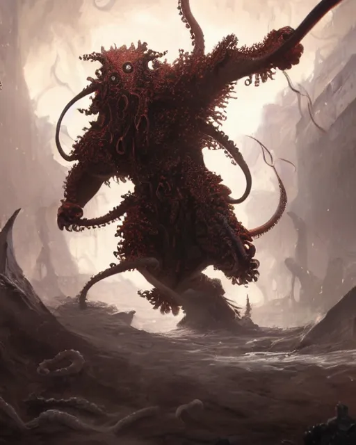 Image similar to oil painting of Angry Anthropomorphized Octopus Berserker, wearing fur armor, claws, sharp focus, attack pose, fantasy style, octane render, volumetric lighting, 8k high definition, by greg rutkowski, highly detailed, trending on art Station, magic the gathering artwork, burning Battlefield background, centered