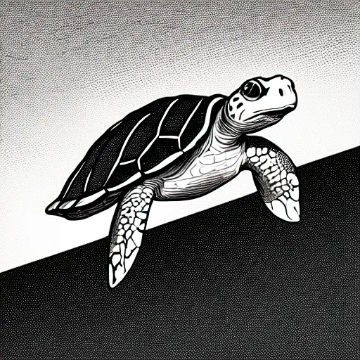 Image similar to storybook illustration of a turtle smoking a cigarette, storybook illustration, monochromatic, white background