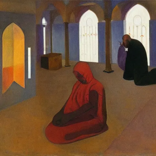 Prompt: scene,prayer,occult,refugees,mosque synagogue interior,masks,geometric art,prism,patina,edward hopper,hilma af klint