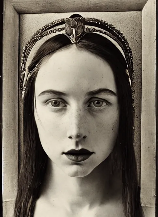 Prompt: portrait of young woman in renaissance dress and renaissance headdress, art by edward weston