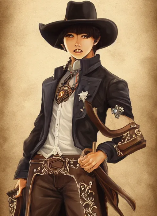 Prompt: a highly detailed illustration of kento yamazaki as a cowboy wearing black cowboy hat, dramatic smiling wielding revolvers pose, perfect face, intricate, elegant, highly detailed, centered, digital painting, artstation, concept art, smooth, sharp focus, league of legends concept art, wlop