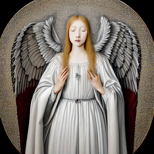 Image similar to highdetailed hyperrealistic painting of white angel!!! no gender smiling noface!!!, light instead of hands, white sparkles everywhere, 4 k hd face!!!, big silver high detailed wings!!!, renaissance, by jan van eyck, holography space, glow effect, large strokes, monochrome!!!!!