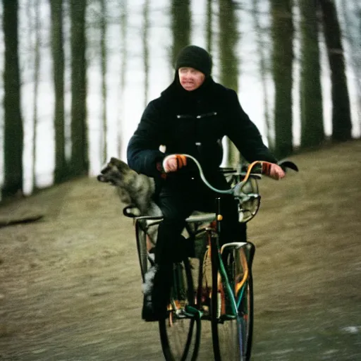 Prompt: photo of putin riding a wolf cinestill, 800t, 35mm, full-HD