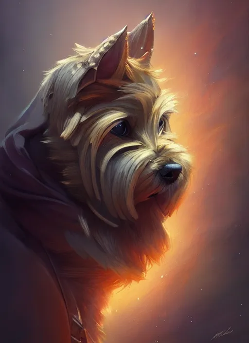 Image similar to norwich terrier as an wizard, backround dark, highly detailed, digital illustration, trending in artstation, modern painting, smooth, sharp focus, intricate, by peter mohrbacher