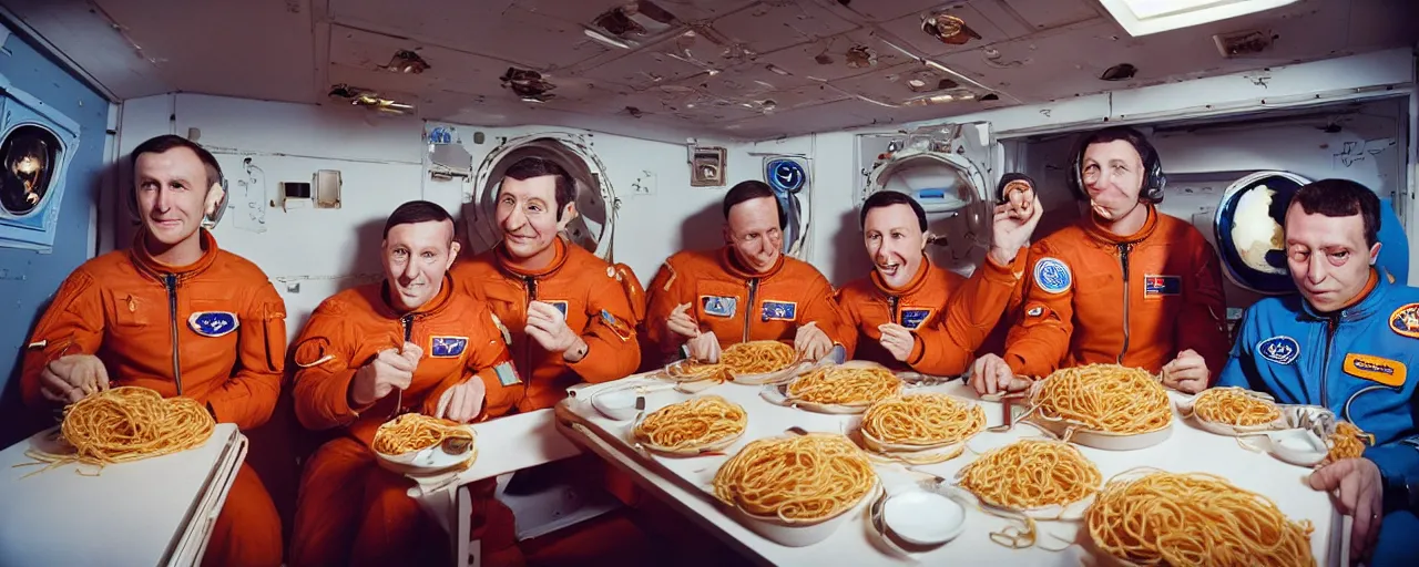 Prompt: astronauts eating spaghetti on their way to the moon, ultra - realistic faces, fine detail, anon 5 0 mm, in the style of diane arbus, in the style of wes anderson, kodachrome, retro