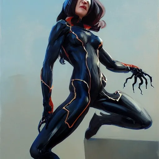 Image similar to greg manchess portrait painting of a light female venom iron spiderman as overwatch character, medium shot, asymmetrical, profile picture, organic painting, sunny day, matte painting, bold shapes, hard edges, street art, trending on artstation, by huang guangjian, gil elvgren, ruan jia, greg rutkowski, gaston bussiere