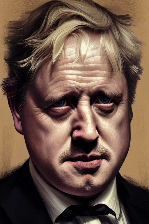 Image similar to Boris Johnson as Vito Corleone, realistic portrait, symmetrical, highly detailed, digital painting, artstation, concept art, smooth, sharp focus, illustration, cinematic lighting, art by artgerm and greg rutkowski and alphonse mucha