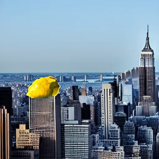 Prompt: a giant lemon overshadowing new york city skyline, photo