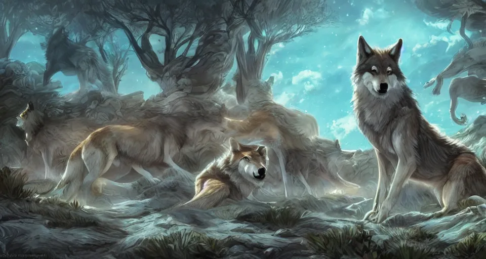 Image similar to wolves and their treasures - astral landscape, trending on artstation, illustration, digital painting, highly detailed render by studio ghibli