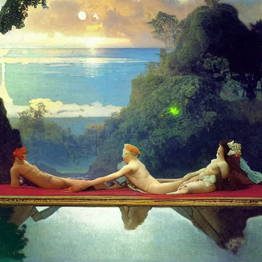 Image similar to The palace on the clouds, moon reflecting on the water, thunderstorm, greek pool, beach and Tropical vegetation on the background major arcana sky, by paul delaroche, alphonse mucha and arnold böcklin, hyperrealistic 8k, award-winning, very very very detailed