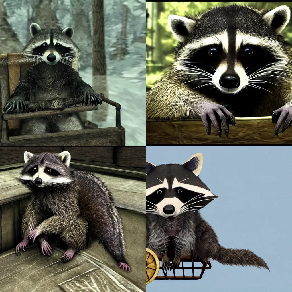 Prompt: raccoon Ralof sitting in a cart Skyrim intro