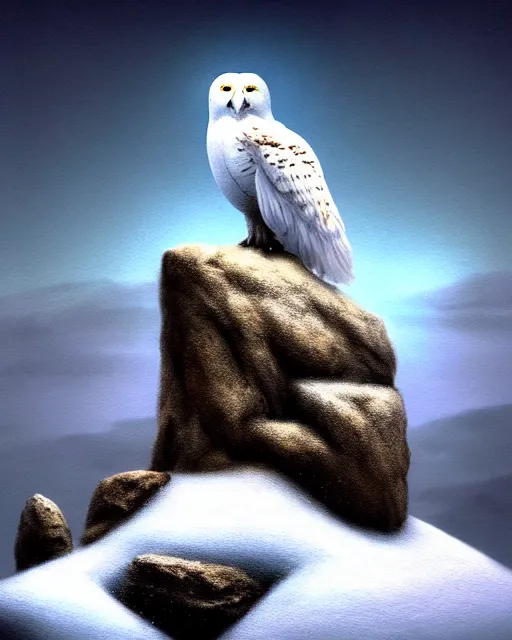 Prompt: an extremely detailed masterpiece surreal painting of a snow owl on a rock, in the style of brian froud, brian despain, brian bolland, digital art, unreal engine, volumetric lighting, dark moody lighting, post apocalyptic, 4 k