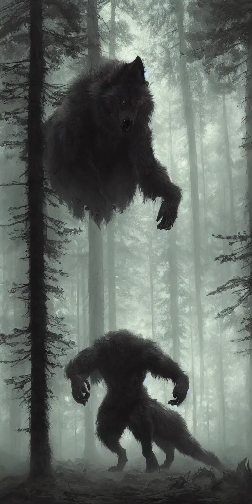 Image similar to a painting of a big werewolf in a foggy dense forest by greg rutkowski, dark fantasy art, high detail, trending on artstation