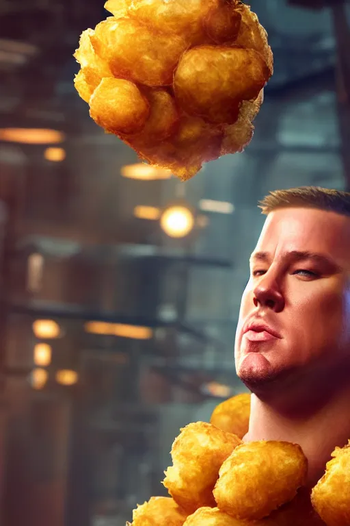 Image similar to channing tatum in a tater tot costume, tater tot face, ef 8 5 mm f 1. 8 usm, bionic scifi alexandre ferra, hyper detailed, digital art, trending in artstation, cinematic lighting, studio quality, smooth render, unreal engine 5 rendered, octane rendered