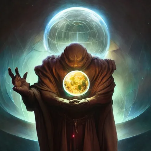 Image similar to the creator of worlds wearing a cloak and holding a holographic planet projection in his hand, detailed, sci - fi, digital painting, artstation, sharp focus, illustration, ominous, artgerm, tomasz alen kopera, peter mohrbacher, donato giancola, joseph christian leyendecker, wlop, frank frazetta