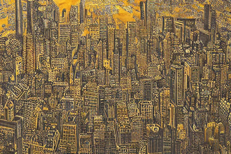 Prompt: city of golden shadows, intricate detailed painting, cityscape