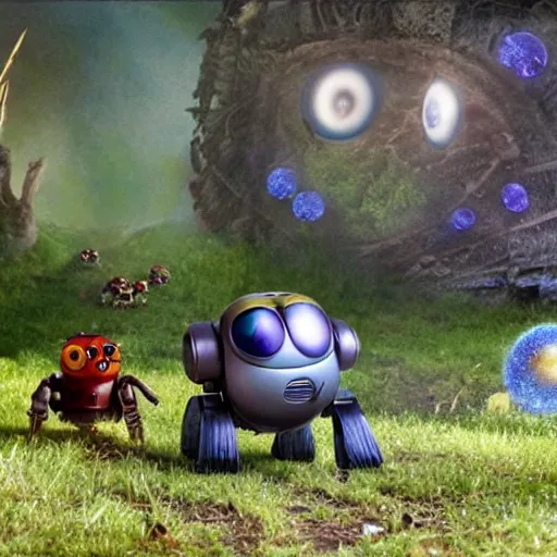 Image similar to promotional movie still, ladybugs, ladybug quadruped with big rgb eyes, ladybug hobbits, ladybug robots, space western, the fellowship of the ring ( film ), wall - e ( film )