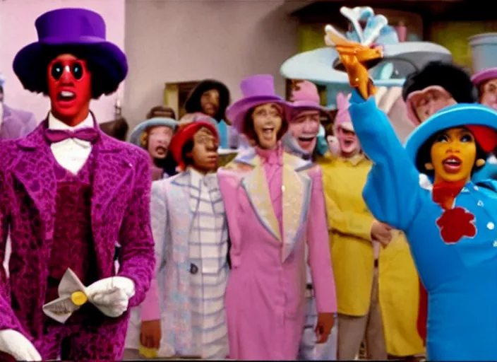 Prompt: film still of Cardi B as Willy Wonka in Willy Wonka and the Chocolate Factory 1971