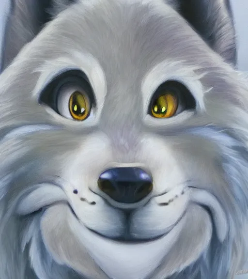 Image similar to oil painting of anthromorphic furry female wolf, in style of zootopia, female fursona, furry, furaffinity, 4 k, deviantart, furry art, fursona art, wearing black business suit, business suit, wolf fursona, expressive feminine face, female,