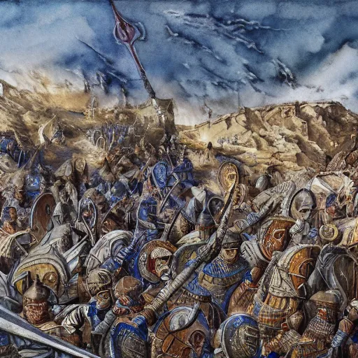 Image similar to aftermath of Byzantine Seljuk wars, watercolor, dynamic lighting, cinematic, establishing shot, extremely high detail, photo realistic, cinematic lighting, intricate line drawings, 8k resolution