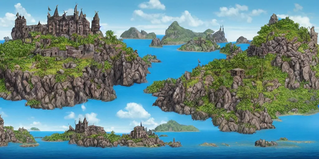 Image similar to matte painting a stunning landscape of a castle on a lost island on a sunny day by brian k. vaughan