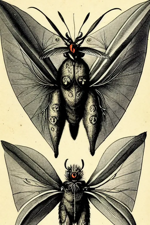 Prompt: a victorian naturalist's illustration of mothman, labels and notes, high detail, ultrasharp detail, intricate inked page border.