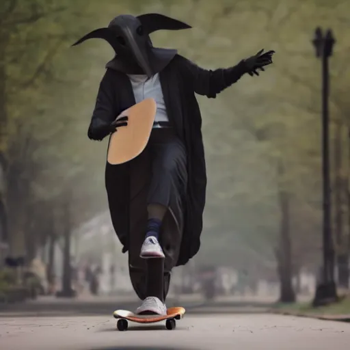 Image similar to a hyper realistic 4 k photoshoot of a plague doctor riding a skateboard