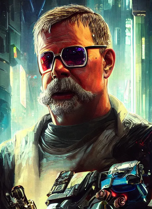 Image similar to cyberpunk Teddy Roosevelt. Cyberpunk ninja in tactical gear. blade runner 2049 concept painting. Epic painting by James Gurney, Azamat Khairov, and Alphonso Mucha. ArtstationHQ. painting with Vivid color. (rb6s, Cyberpunk 2077)