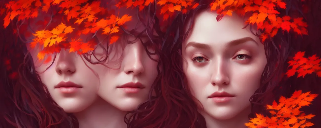 Prompt: girl with with hair becoming autumn red leaves trees, intricate, dreamy, digital painting, artstation, concept arti, unreal engine 5, 8 k, art by artgerm and greg rutkowski and alphonse mucha