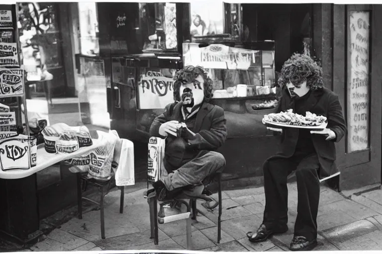 Image similar to peter dinklage at arbys eating curled fries, in the style of eugene atget and peter witkin