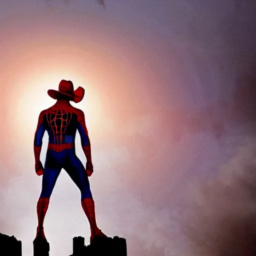 Prompt: spider-man in a cowboy hat, movie still, dramatic lighting, sunset, atmospheric dust, vintage film