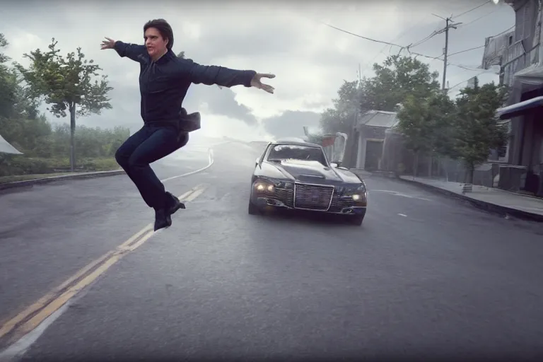 Image similar to a cinematic still of (tom cruise!!!!!), jumping, oprah winfrey show, ((((octane render, nvidia raytracing demo))))