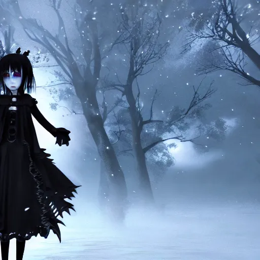 Image similar to full shot of angry darkness beautiful anime girl at moonlight, snowing, gothic wearing, inspired by Tim Burton, Amano, detailed, unreal engine 4k volumetric light, fog,