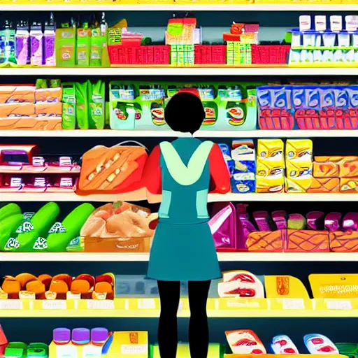 Image similar to a woman in a supermarket trying to reach for something on the top shelf, storybook illustration, monochromatic