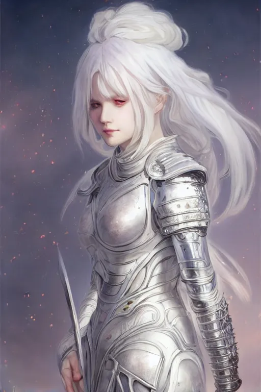 Image similar to portrait white hair knights of Zodiac girl, Sliver ice color reflected armor, in ruined Agora of Athens Sunrise, ssci-fi and fantasy, intricate and very very beautiful and elegant, highly detailed, digital painting, artstation, concept art, smooth and sharp focus, illustration, art by tian zi and WLOP and alphonse mucha