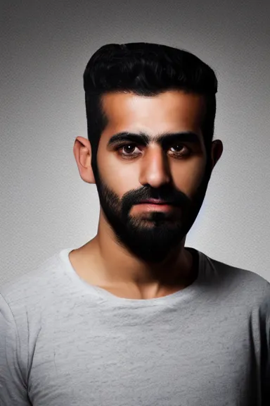 Image similar to portrait photo of a modern ( middle eastern ) man wearing a dark shirt, upper body avatar, kodak portra 1 6 0, chiaroscuro lighting, stylized bold outline, striking colour, default pose neutral expression, face on head shot, closeup, eye contact, sharp focus, flat grey background, 4 k, volumetric, french nouveau, hyperreal
