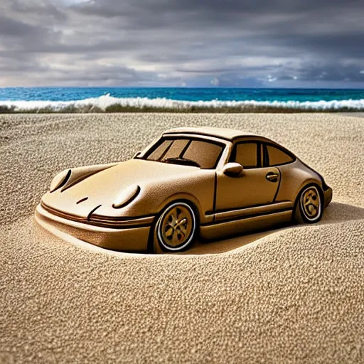 Image similar to sand sculpture of a porsche 9 1 1 on a hawaii beach photography iphone