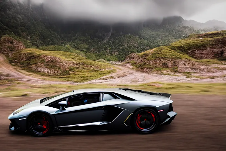 Prompt: a cinematic photograph of a lamborghini aventador driving through a vast mountainous landscape whilst lightening strikes on the mountains, rain falls, ultra realistic, high definition